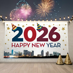 2026 Happy New Year Banner Festive Celebration Background on white background