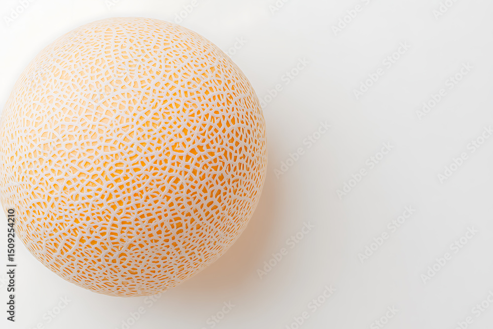 Poster studio shot of a netted melon with a honey-colored underlayer against a clean, neutral background. t