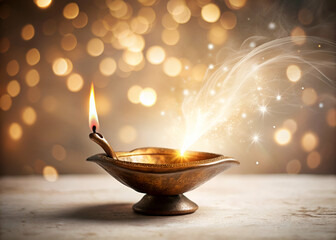 Diwali Festival Glowing Brass Diya with Magical Light on white background
