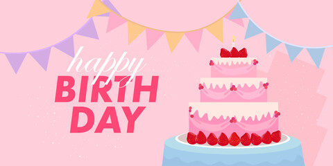Happy birthday banner with bright pink cake, strawberries and festive flags on a pink background 