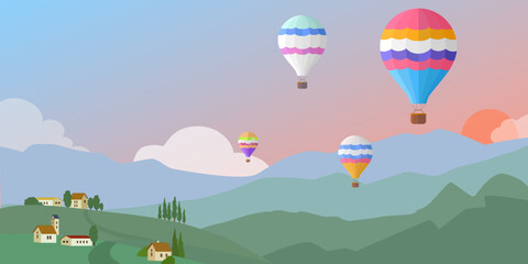 Hot air balloons in the mountains on a sunset. Hot air balloon trip. Vector banner.