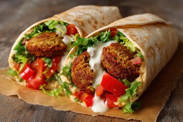 Falafel Wrap vegetarisch Falafel Wrap mit Hummus Falafel Wrap mit Gemüse Streetfood Falafel Wrap veganer Snack Falafel Wrap mit Salat orientalischer Wrap Falafel Wrap Foodfotografie Nahaufnahme
