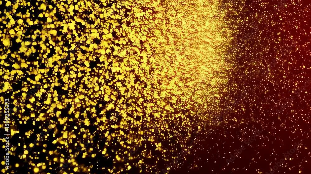 Poster dynamic shimmering golden particles suspended in a flowing stream on a rich red gradient background 