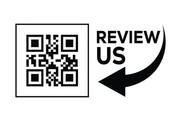 Minimalist black and white QR code centered, with "REVIEW US" text to the right. A curved arrow points from the words to the code. Clean, technical style on white background, front perspective.