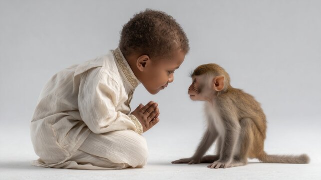 Indian boy doing yoga with monkey on white, mindfulness and animal friendship