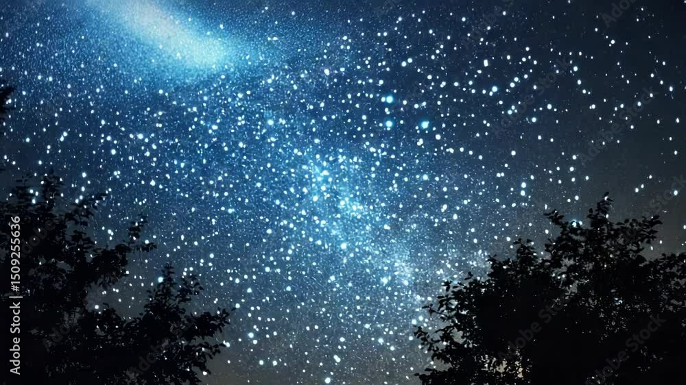 Poster a night sky with stars and a forest in the foreground, perfect for use as a background or landscape