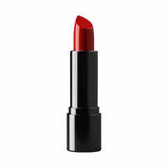 Classic red lipstick in black tube standing upright isolated on transparent background