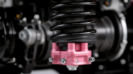 Close-up of a black spring connected to a pink component with bolts in an automotive suspension system. Technical shot of a car part.