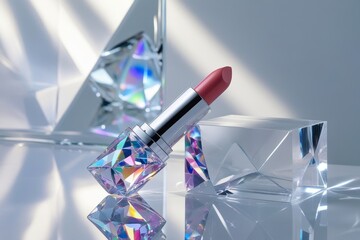 Close-up of a sleek, glossy lipstick case with subtle light reflections, displayed on a minimalist vanity with soft shadows