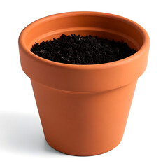 Terracotta pot with soil isolated on white background