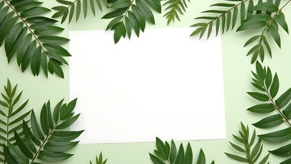Green leaves frame blank paper on pastel background for nature concept