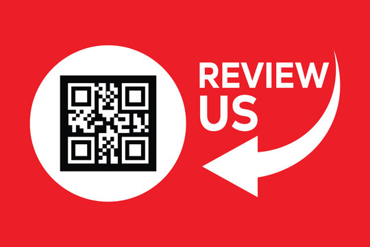 Minimalist red background with central white circle holding a black & white QR code. 'REVIEW US' text and curved white arrow point to the code. Bold contrast, clean modern design, review invitation