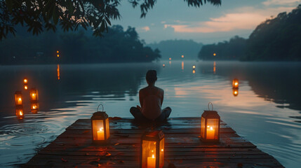 Calm lakeside scene at dusk with candle-lit floating lanterns and person in quiet seated position.