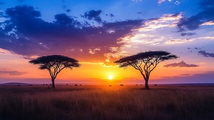 A dramatic sunset over a vast savanna with acacia trees silhouetted against the sky 
