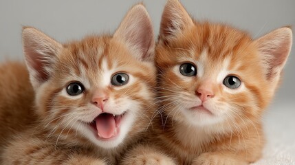 Mixed-race twins giggling with twin ginger kittens on white, sibling bond and pet adoption concept
