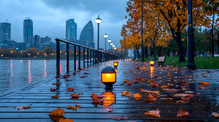 Rainy Autumn Evening City Park Walkway with Golden Lights