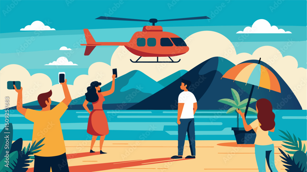 Poster a group of tourists snap photos of the evtols taking off and landing at the resorts helipad eager to