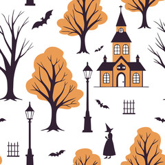 Spooky halloween silhouette pattern orange background witches cats bats art web old dark tree print