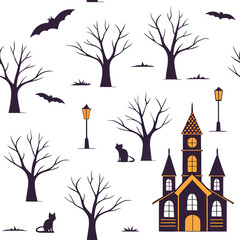 Spooky halloween silhouette pattern orange background witches cats bats art web old dark tree print