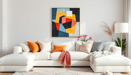 Stylish living room with a large white sectional sofa and colorful geometric artwork creating a inviting modern space