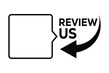 Centered black and white QR code with thin border & angled frame. Bold "REVIEW US" text to its right. Curved arrow points from text to QR code. Minimalist, high-contrast, technical style.