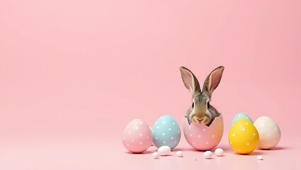 Easter bunny hatching from egg surrounded by colorful eggs on pink