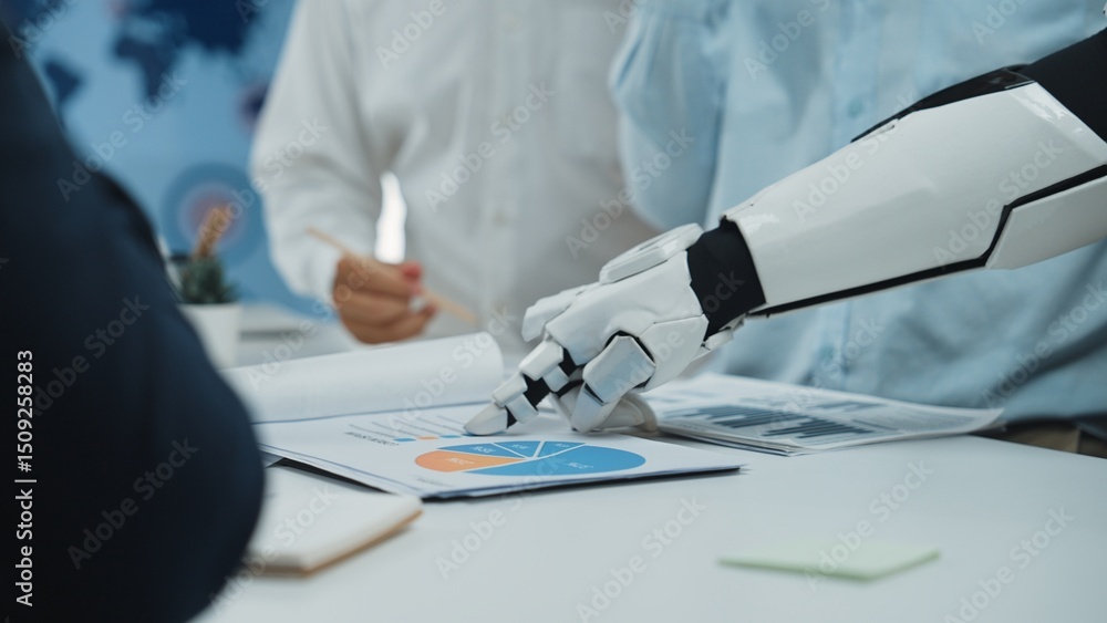 Poster a robotic hand points to a business chart during a collaborative meeting in a modern office, illustr