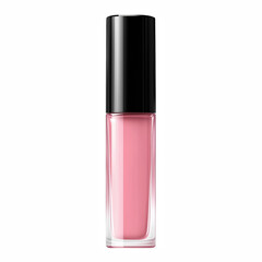 Clear tube of pink lip gloss with glossy black cap, isolated on transparent background.