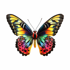 Fototapeta premium Colorful rainbow butterfly with detailed patterned wings, isolated on transparent background.