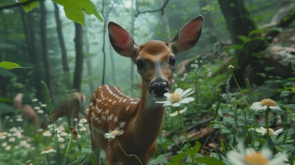 Majestic deer herd gracefully roaming through a misty forest clearing in nature s embrace