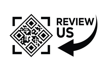 Centered black and white QR code with thin border & angled frame. Bold "REVIEW US" text to its right. Curved arrow points from text to QR code. Minimalist, high-contrast, technical style.
