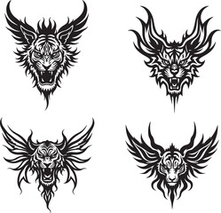 Tribal Tiger Head Vector Set with Flame Wings – Tattoo Style Animal Illustration