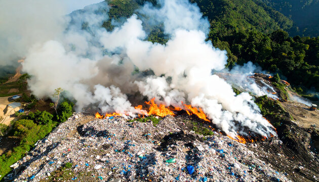 Overhead view of landfill on fire, burning plastic waste with thick black smoke rising into the sky