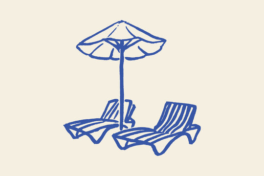 Beach loungers with umbrella minimalist sketch vector illustration