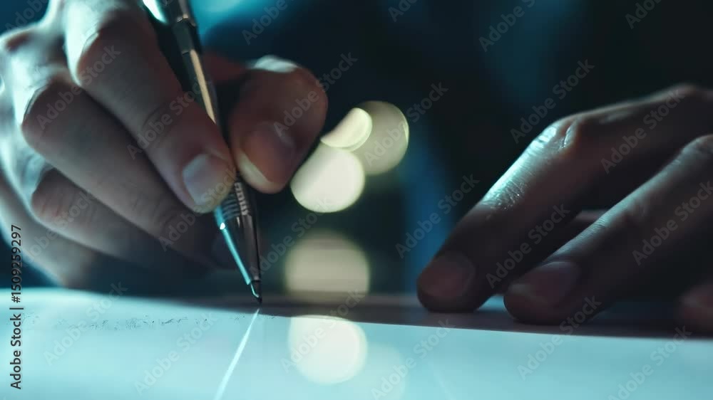 Poster close-up video of a hand writing with a pen on paper, shot from a low angle. the style is cinematic 
