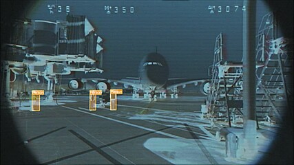 4K AI surveillance view of airport runway with aircraft in CRT-style HUD, glitch distortion and cyber recognition overlay, motion graphics, screen mode, aviation security, digital interface - Powered by Adobe