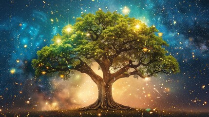 A majestic tree crafted from stardust and cosmic energy, symbolizing universal connection