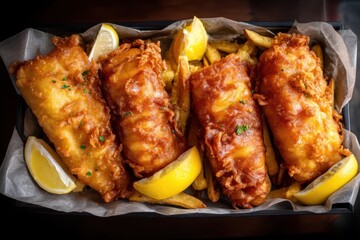 Fototapeta premium Fish and Chips knuspriger Backfisch Fish and Chips mit Pommes Fish and Chips mit Zitrone Streetfood Fish and Chips englisches Essen Fish and Chips Fastfood Fish and Chips Foodfotografie