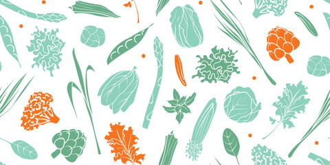 Seamless mixed vegetable pattern in silhouette illustration style, green and orange solid colors on a transparent background. Veggie Time! Series.