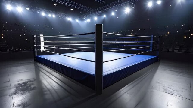 Empty boxing ring with blue canvas, white ropes, dark arena seating, and bright overhead lights, ready for competition and match