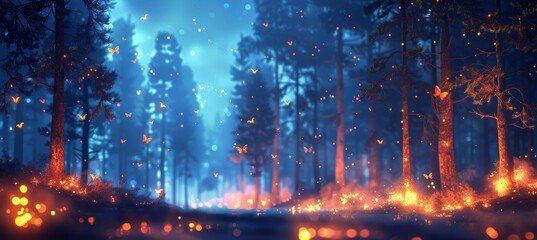 Magical fireflies illuminating a vibrant summer forest landscape during a serene twilight hour