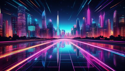 Fototapeta premium a stunning and vibrant night cityscape filled with bright neon lights and beautiful reflections