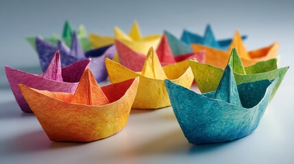 Paper boats floating in formation on white, childhood imagination for Children's Day