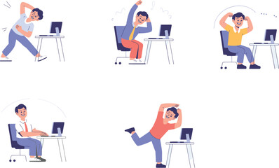 Vector illustration of happy office workers doing stretching exercises at desk with computers, promoting workplace wellness and ergonomic health flat vector illustration