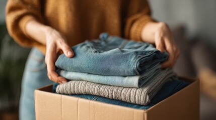 Individual carefully places neatly folded garments into a cardboard box, preparing for donation or storage. Soft lighting creates a cozy atmosphere