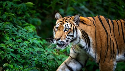 Obraz premium tiger walking through dense greenery focused and majestic