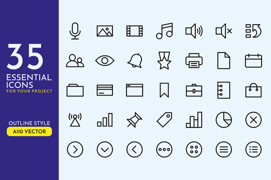 35 Essential Icons for UI UX Web App Design Vector Minimal Set