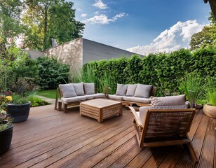 relaxing backyard patio with fresh wooden deck furniture and lush greenery