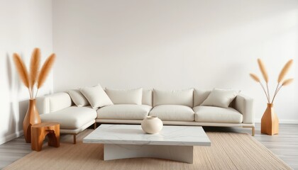 Minimalist living room interior with modern beige sofa, white coffee table, neutral decor, and warm natural lighting creating a clean and elegant atmosphere.