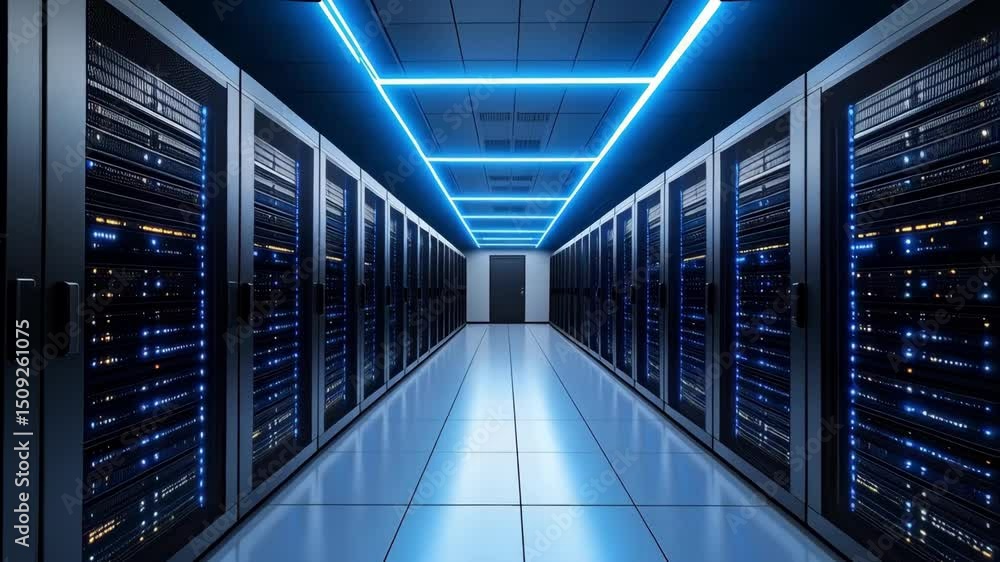 Poster long illuminated hallway featuring rows of data servers and dark doorway at the end, modern design f